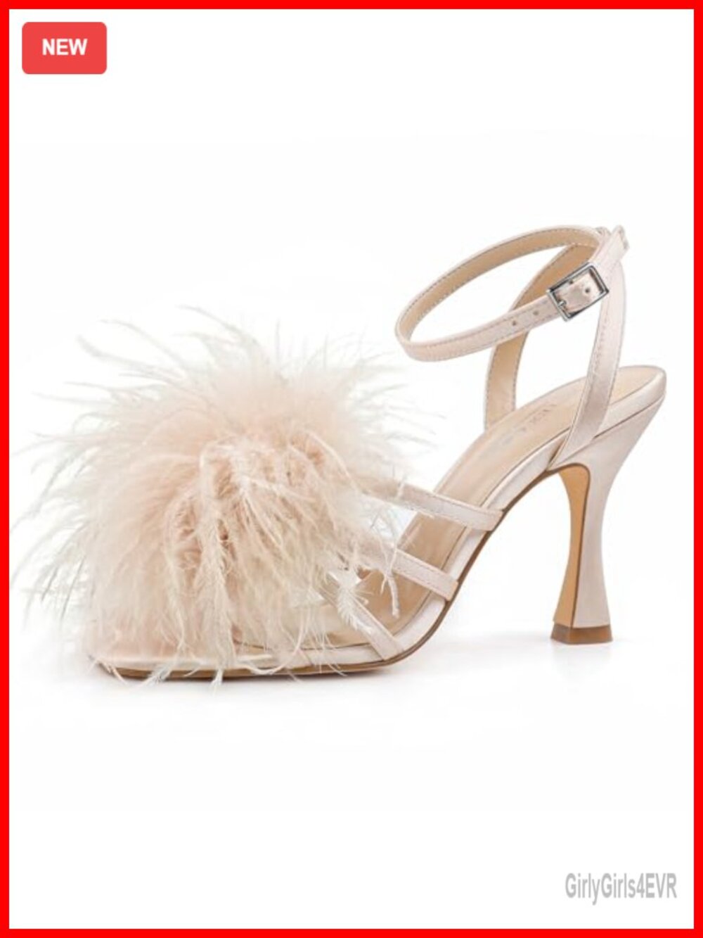 Satin Fluffy Feather Square Open Toe Stiletto Ankle Strap Heeled Sandals